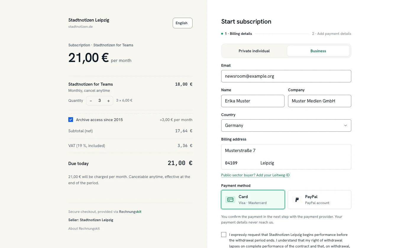 Subscription checkout on desktop in English: on the left "21,00 € per month" in total. The line "Stadtnotizen for Teams" shows 18,00 € for quantity 3 at 6,00 € each, below it the ticked add-on "Archive access since 2015" with its own amount "+3,00 € per month", subtotal (net) 17,64 €, VAT (19 %, included) 3,36 € and "Due today 21,00 €". On the right the form "Start subscription" with Business selected, company Muster Medien GmbH, billing address in Leipzig and payment method Card or PayPal