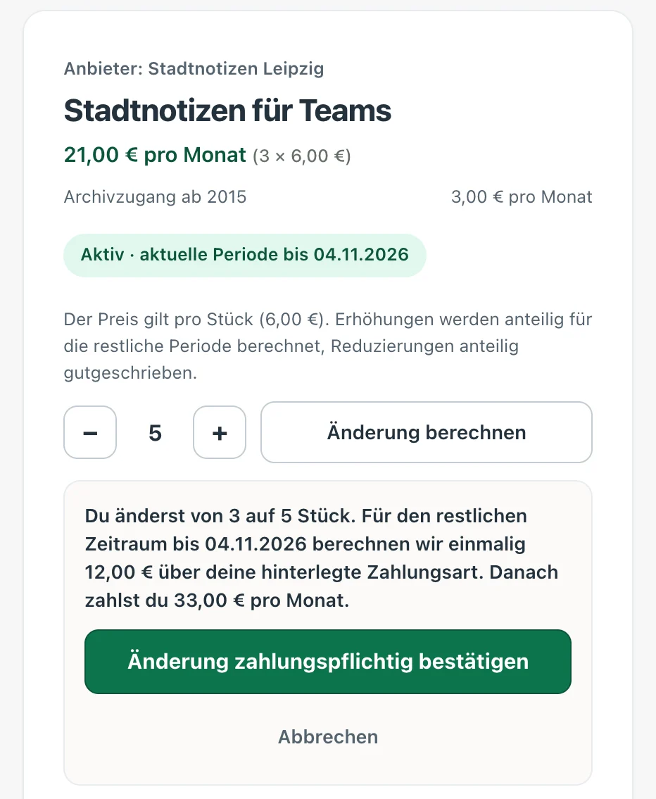 Kundenportal, Menge ändern: Von 3 auf 5 Stück. Der Text nennt einmalig 12,00 € für den restlichen Zeitraum bis 04.11.2026 und danach 33,00 € pro Monat, darunter der Button „Änderung zahlungspflichtig bestätigen“