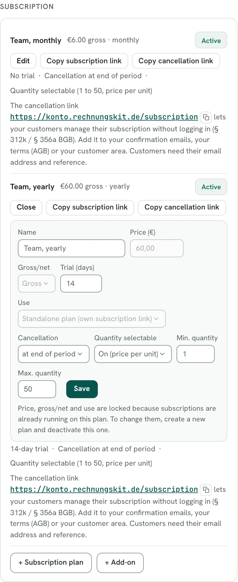 Rechnungskit, product "Stadtnotizen for Teams", Subscription section: plan "Team, monthly" at €6.00 gross with no trial and plan "Team, yearly" at €60.00 gross. The yearly plan is open for editing: trial 14 days, use "Standalone plan (own subscription link)", cancellation at end of period, quantity selectable from 1 to 50. Price, gross/net and use are locked because subscriptions already run on this plan. Below is the cancellation link konto.rechnungskit.de/subscription