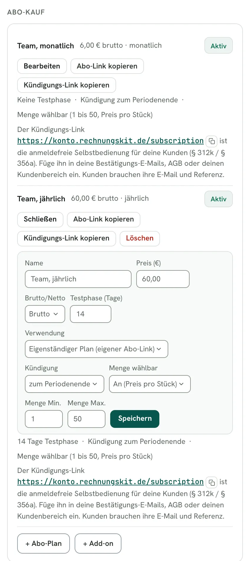 Rechnungskit, Produkt „Stadtnotizen für Teams“, Abschnitt Abo-Kauf: Plan „Team, monatlich“ zu 6,00 € brutto ohne Testphase und Plan „Team, jährlich“ zu 60,00 € brutto. Der Jahresplan ist zum Bearbeiten geöffnet: Testphase 14 Tage, Verwendung „Eigenständiger Plan (eigener Abo-Link)“, Kündigung zum Periodenende, Menge wählbar von 1 bis 50. Darunter steht der Kündigungs-Link konto.rechnungskit.de/subscription