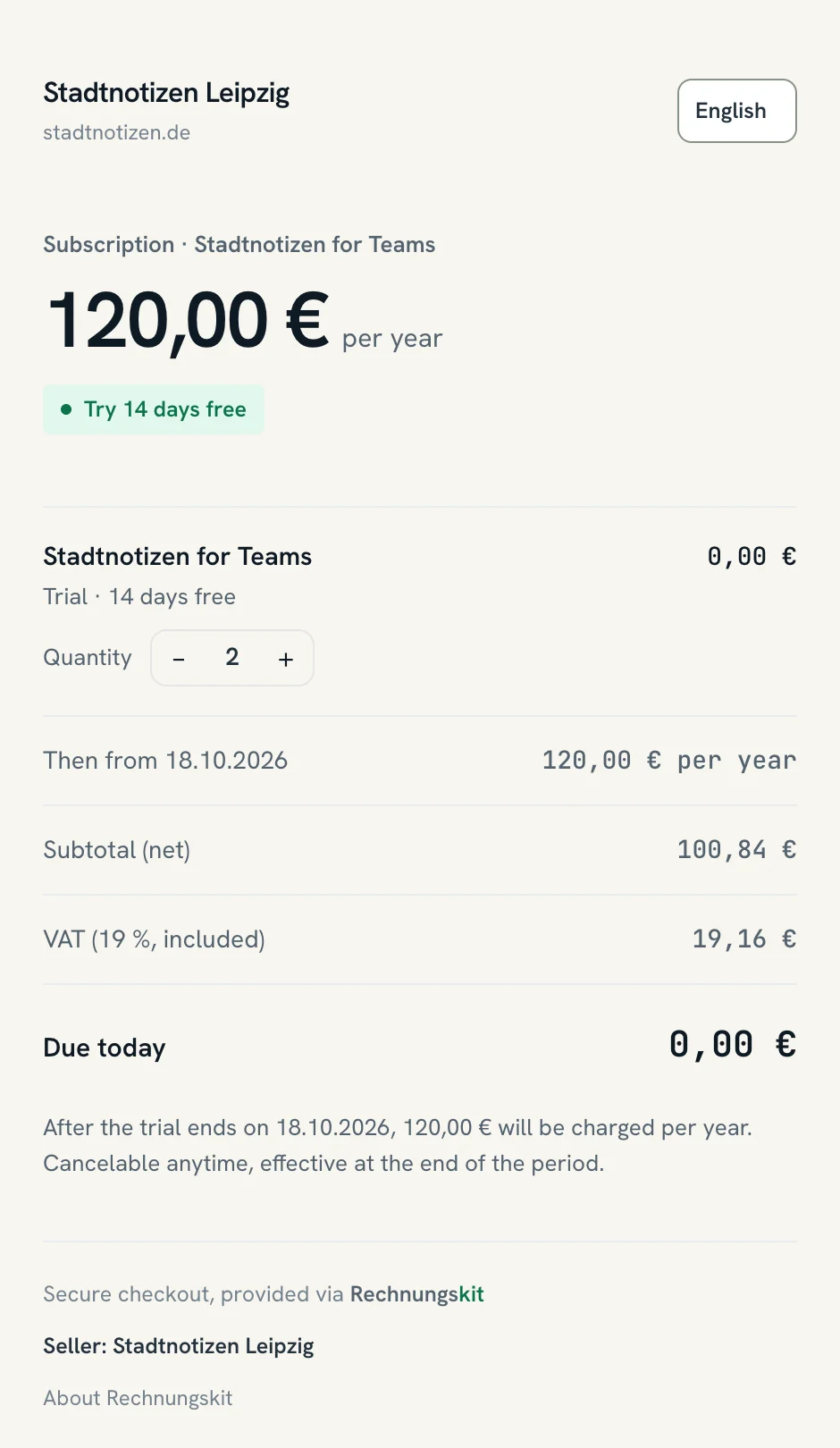 Summary in the subscription checkout with a trial: 120,00 € per year, the note "Try 14 days free", the line "Stadtnotizen for Teams" at 0,00 € with "Trial · 14 days free", quantity 2, "Then from 18.10.2026 120,00 € per year" and "Due today 0,00 €". Below it says that after the trial ends on 18.10.2026, 120,00 € will be charged per year
