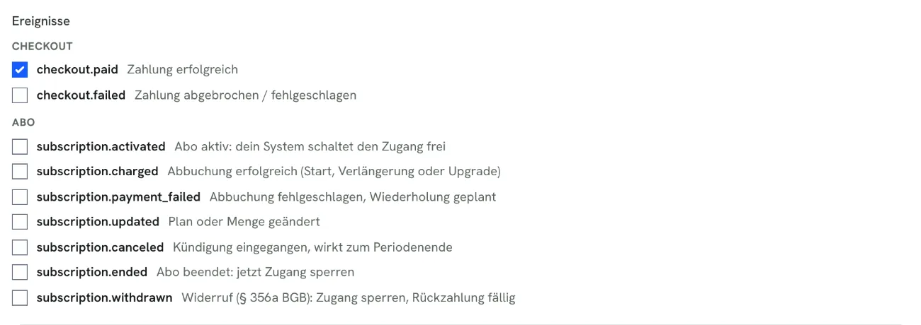 Rechnungskit, Checkout-Webhooks, Ereignisse: checkout.paid und checkout.failed sowie die Abo-Ereignisse subscription.activated, charged, payment_failed, updated, canceled, ended und withdrawn, jeweils mit kurzer Erklärung