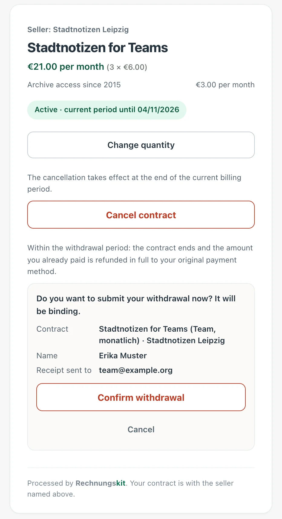 Customer portal, second step of the withdrawal: the question "Do you want to submit your withdrawal now? It will be binding." with the contract "Stadtnotizen for Teams (Team, monatlich) · Stadtnotizen Leipzig", the name Erika Muster and the email address the receipt goes to, followed by "Confirm withdrawal" and "Cancel"