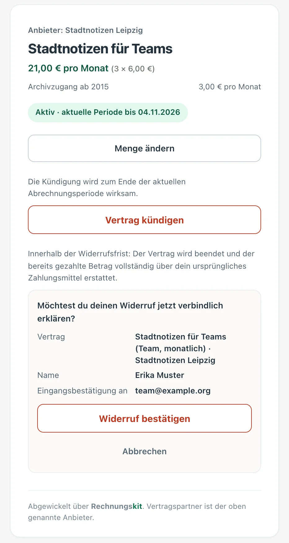 Kundenportal, zweiter Schritt beim Widerruf: Frage „Möchtest du deinen Widerruf jetzt verbindlich erklären?“ mit Vertrag, Name und E-Mail-Adresse für die Eingangsbestätigung, darunter „Widerruf bestätigen“ und „Abbrechen“