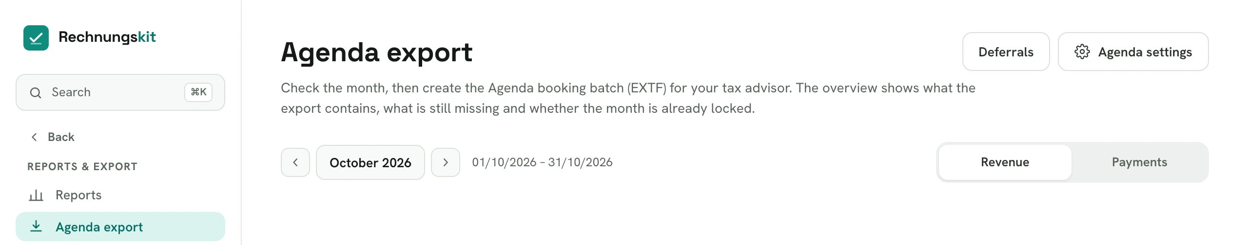 Rechnungskit with Agenda as the tax advisor's software: in the menu under Reports & export the entry Agenda export, the page is called Agenda export with the text "Check the month, then create the Agenda booking batch (EXTF) for your tax advisor", top right the button Agenda settings, below it the month picker October 2026 and the switch between Revenue and Payments