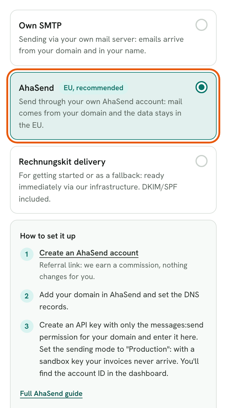 Rechnungskit, Settings → Email delivery: under the delivery methods, "AhaSend" with the label "EU, recommended" is selected and highlighted, with "Own SMTP" above and "Rechnungskit delivery" below. Underneath are the three setup steps: create an AhaSend account, add your domain and set the DNS records, create an API key with the messages:send permission in sending mode "Production"