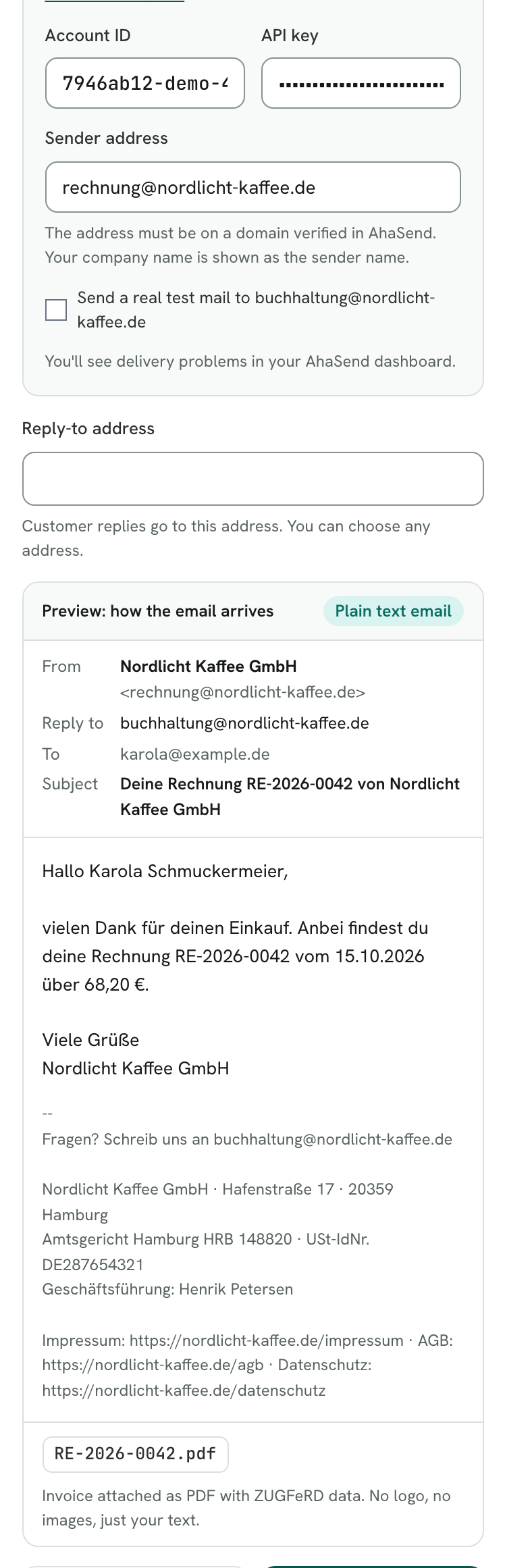 Rechnungskit, Settings → Email delivery with AhaSend: account ID and API key are filled in, the sender address is rechnung@nordlicht-kaffee.de. Below are the reply-to field and the preview: from Nordlicht Kaffee GmbH <rechnung@nordlicht-kaffee.de>, reply to buchhaltung@nordlicht-kaffee.de, the subject line, the email text with company details and the invoice PDF attached