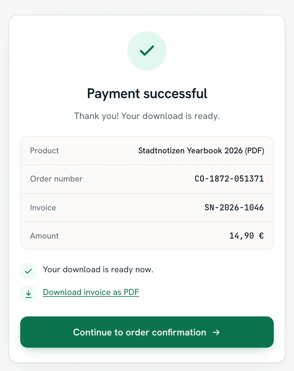 Confirmation page after payment: "Payment successful" with the product under its English name Stadtnotizen Yearbook 2026 (PDF), order number CO-1872-051371, invoice SN-2026-1046 and amount 14,90 €, followed by "Your download is ready now.", the link "Download invoice as PDF" and the button "Continue to order confirmation"