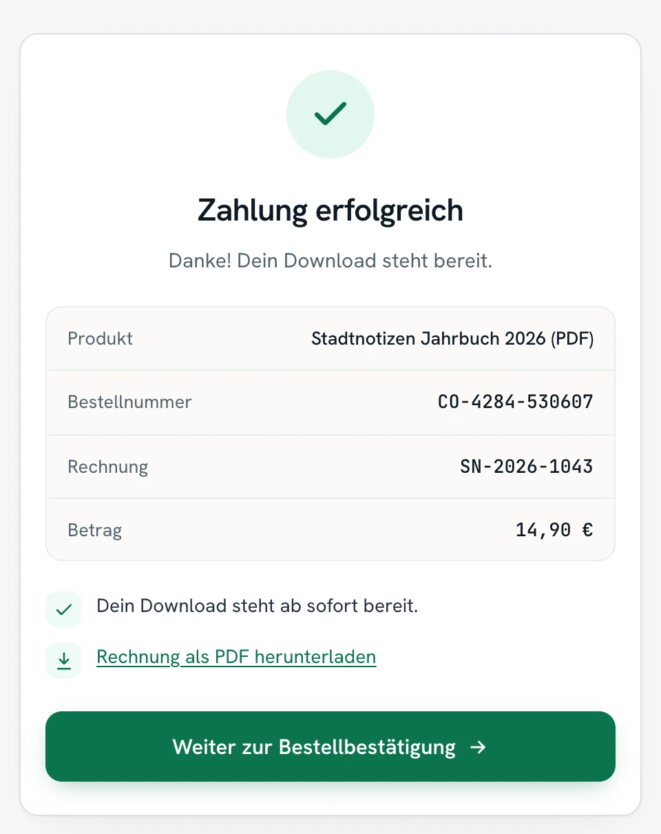 Bestätigungsseite nach der Zahlung: „Zahlung erfolgreich“ mit Produkt Stadtnotizen Jahrbuch 2026 (PDF), Bestellnummer CO-4284-530607, Rechnung SN-2026-1043 und Betrag 14,90 €, darunter „Dein Download steht ab sofort bereit.“, der Link „Rechnung als PDF herunterladen“ und der Button „Weiter zur Bestellbestätigung“