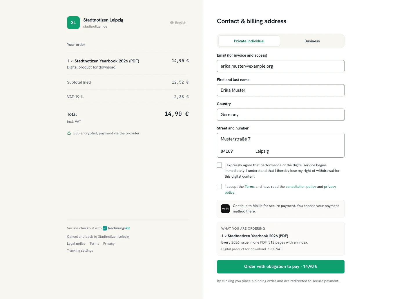 Hosted checkout on desktop in English: on the left the order "1 × Stadtnotizen Yearbook 2026 (PDF)" with subtotal (net) 12,52 €, VAT 19 % 2,38 € and total 14,90 €. On the right the form with private individual or business, email, name, country and address, the checkbox for the right of withdrawal on digital content, consent to the terms and privacy policy and the note about the redirect to Mollie. Right above the button "Order with obligation to pay · 14,90 €" sits the box "What you are ordering" with "1 × Stadtnotizen Yearbook 2026 (PDF)", the merchant's English text "Every 2026 issue in one PDF, 312 pages with an index." and "Digital product for download. 19 % VAT."