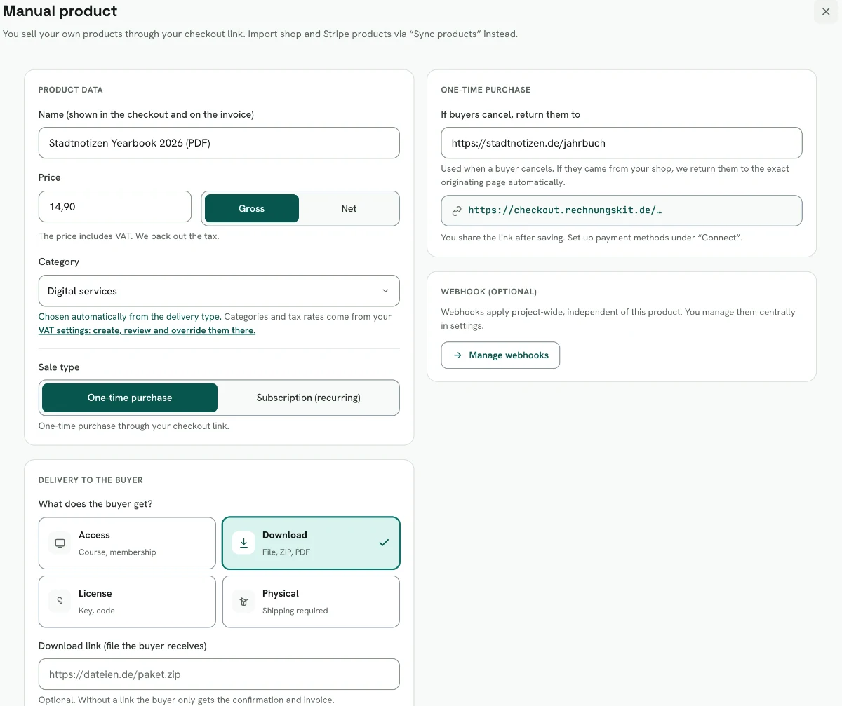 Rechnungskit, Products, Manual product: name "Stadtnotizen Yearbook 2026 (PDF)", price 14,90 gross, category "Digital services", sale type "One-time purchase" and delivery "Download" are selected. On the right are the return address for buyers who cancel and the checkout link you share after saving