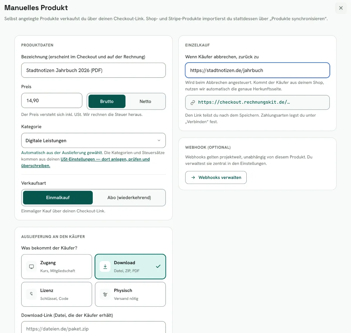 Rechnungskit, Produkte, Manuelles Produkt: Bezeichnung „Stadtnotizen Jahrbuch 2026 (PDF)“, Preis 14,90 brutto, Kategorie „Digitale Leistungen“, Verkaufsart Einmalkauf und Auslieferung „Download“ sind ausgewählt. Rechts stehen die Abbruch-Adresse für Käufer und der Checkout-Link, den du nach dem Speichern teilst