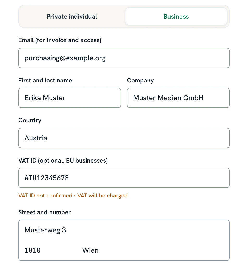 Checkout form for a business: company Muster Medien GmbH, country Austria, VAT ID ATU12345678. Below the field it says "VAT ID not confirmed · VAT will be charged"