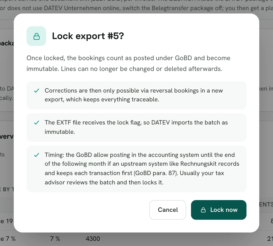 Rechnungskit, dialog Lock export #5?: once locked, the bookings count as posted under GoBD and become immutable; corrections only via reversal bookings in a new export; the EXTF file receives the lock flag; timing under GoBD para. 87: posting by the end of the following month, usually locked by the tax advisor after review; buttons Cancel and Lock now