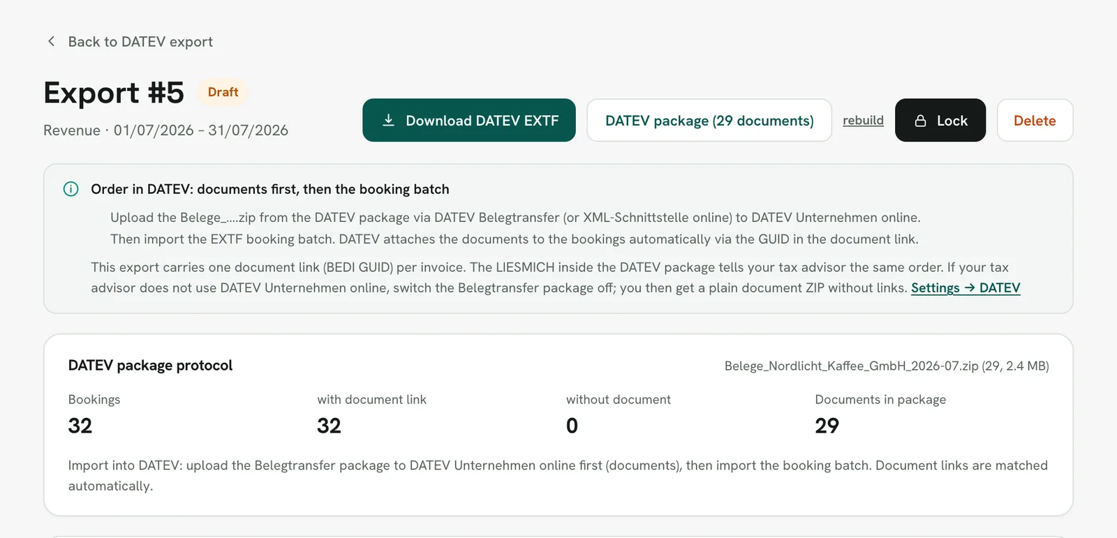 Rechnungskit, export #5 revenue July 2026 as a draft with the buttons Download DATEV EXTF, DATEV package (29 documents), Lock and Delete, the note Order in DATEV: documents first, then the booking batch, and the DATEV package protocol with 32 bookings, 32 with document link, 0 without document and 29 documents in the package