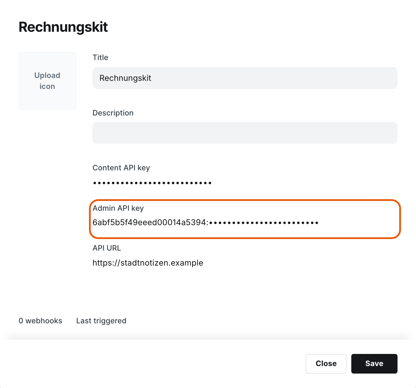 Ghost, custom integration "Rechnungskit": the Admin API key is highlighted, below it is the publication's API URL