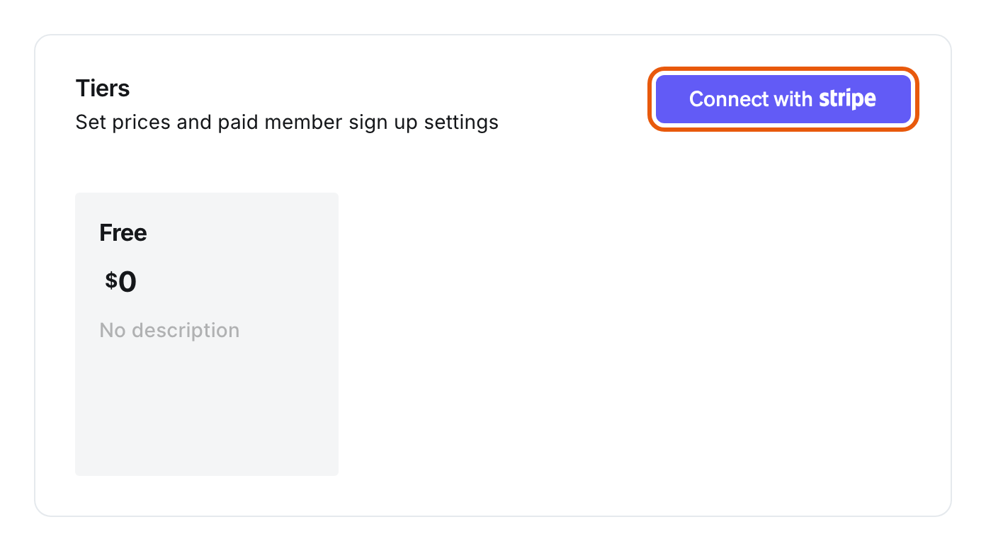 Ghost, Settings, Tiers without Stripe: only the tier "Free" is visible, next to it the highlighted button "Connect with Stripe"