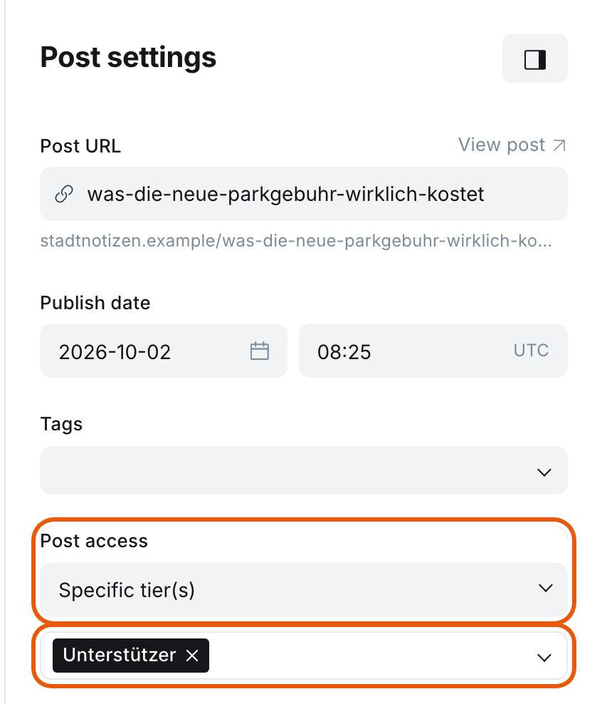 Ghost, Post settings: Post access is set to "Specific tier(s)", with the tier "Unterstützer" selected below it