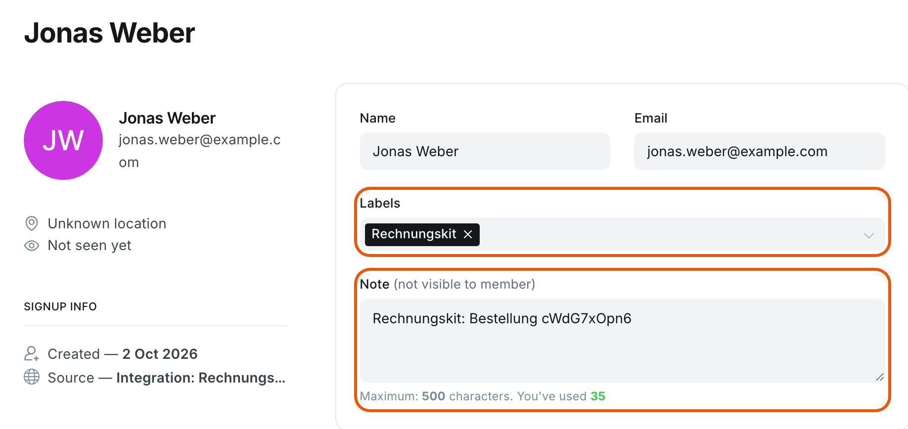 Ghost, member "Jonas Weber": the label "Rechnungskit" and the note "Rechnungskit: Bestellung cWdG7xOpn6" (order) are highlighted