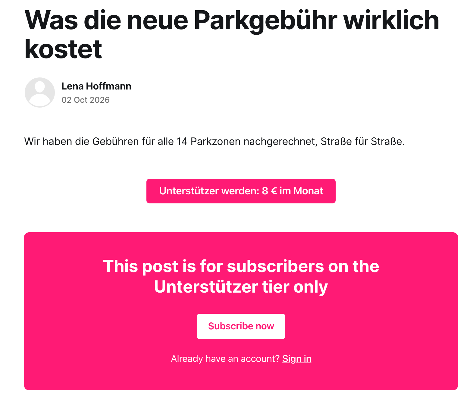 Gesperrter Ghost-Beitrag in der öffentlichen Ansicht: Unter dem Anreißer steht der Button „Unterstützer werden: 8 € im Monat“, darunter Ghosts Hinweis, dass der Beitrag nur für die Stufe Unterstützer ist