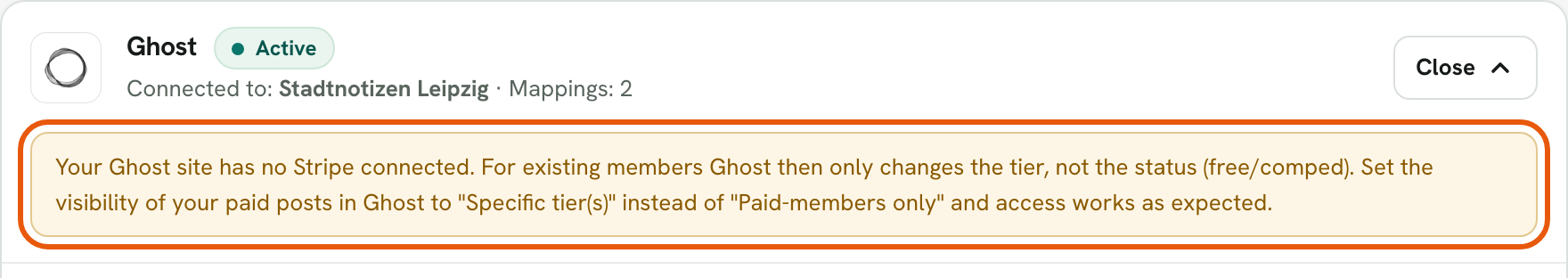 Rechnungskit, Integrations: the Ghost card shows "Connected to: Stadtnotizen Leipzig", the number of mappings and the status Active. Below it is the highlighted note that no Stripe is connected in this Ghost