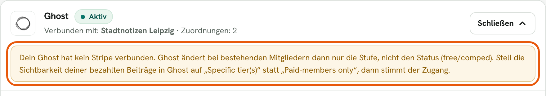 Rechnungskit, Integrationen: Die Ghost-Karte zeigt „Verbunden mit: Stadtnotizen Leipzig“ und den Status aktiv. Darunter steht der Hinweis, dass in diesem Ghost kein Stripe verbunden ist