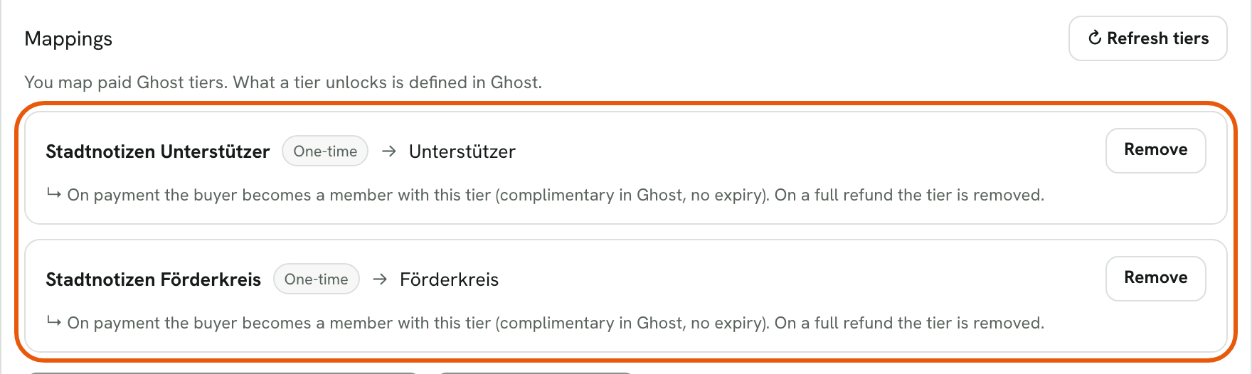 Rechnungskit, Mappings: the product "Stadtnotizen Unterstützer" is mapped to the Ghost tier "Unterstützer" (supporter), "Stadtnotizen Förderkreis" to the tier "Förderkreis" (patrons). Below each row it says what happens on payment and on refund