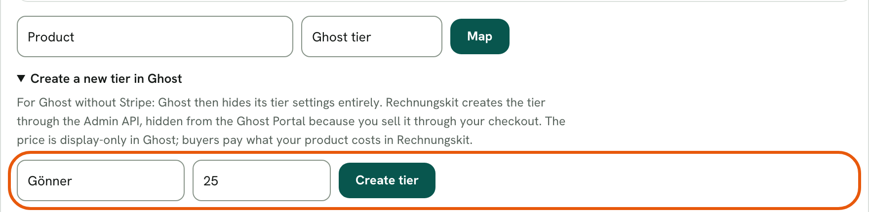 Rechnungskit, "Create a new tier in Ghost": name "Gönner" (patron) and monthly price 25 are filled in, next to them the button "Create tier"