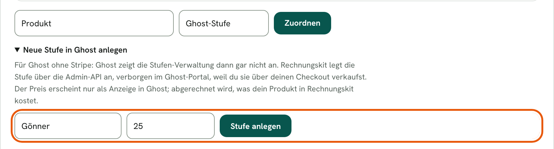 Rechnungskit, „Neue Stufe in Ghost anlegen“: Name „Gönner“ und Monatspreis 25 sind eingetragen, daneben der Knopf „Stufe anlegen“