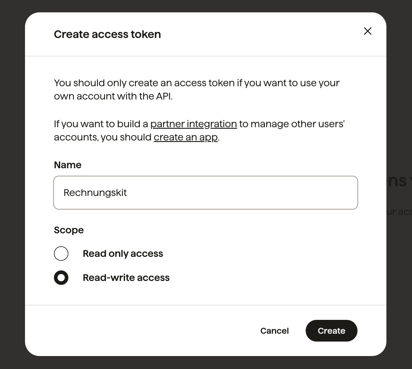 GoCardless: Create access token, Scope Read-write access auswählen