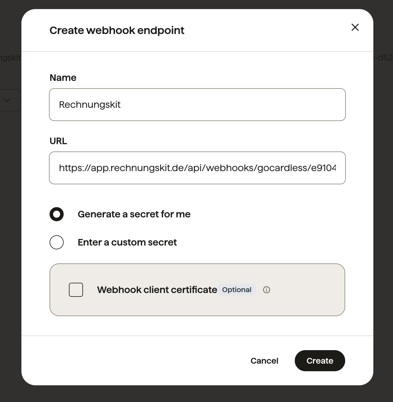 GoCardless: Create webhook endpoint mit Name, URL und "Generate a secret for me"; das optionale Client-Zertifikat bleibt deaktiviert