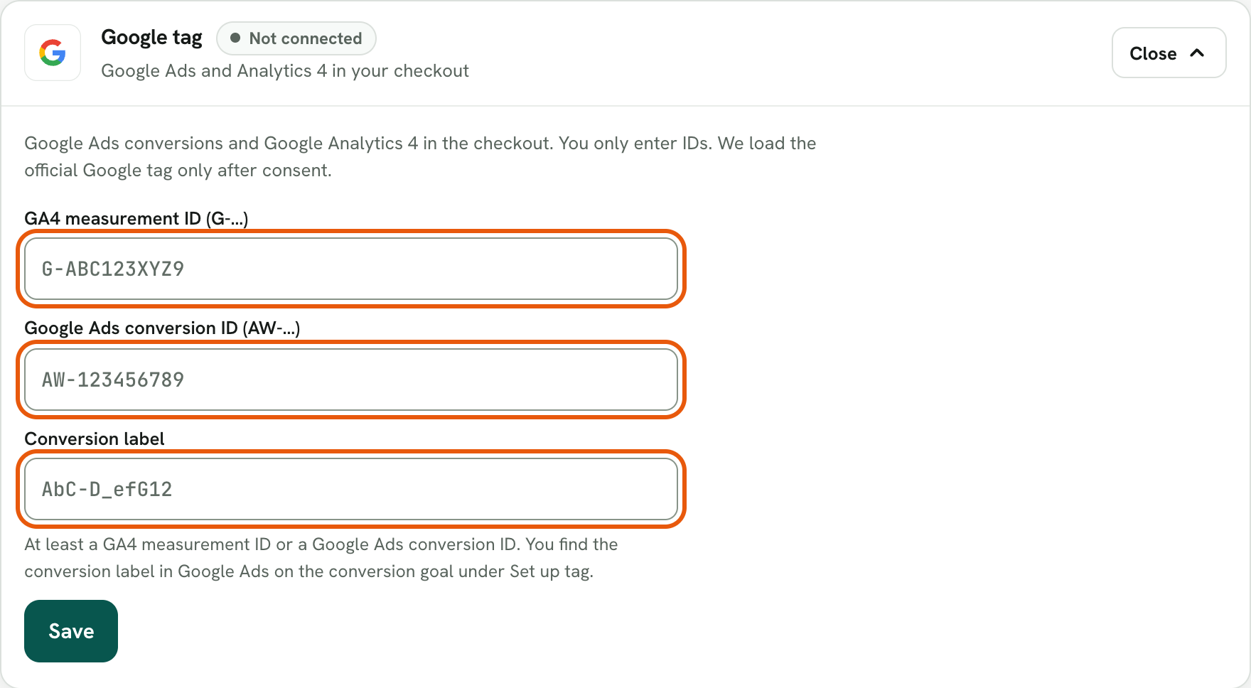 Rechnungskit, the expanded Google tag card, not connected yet: the fields GA4 measurement ID (G-…), Google Ads conversion ID (AW-…) and conversion label are highlighted, below them the note that at least a GA4 measurement ID or a Google Ads conversion ID is needed, and the button "Save"