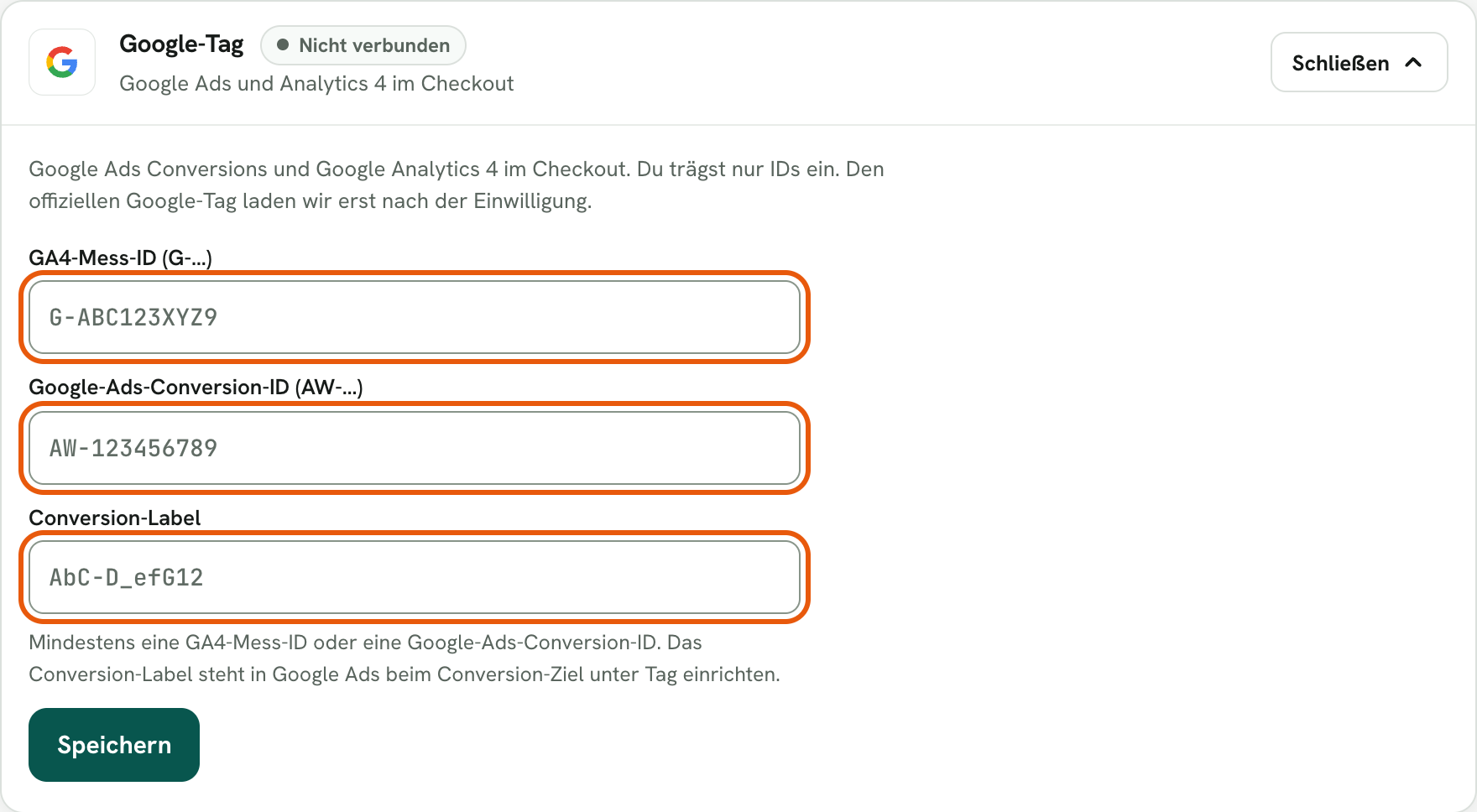 Rechnungskit, aufgeklappte Karte Google-Tag, noch nicht verbunden: die Felder GA4-Mess-ID (G-…), Google-Ads-Conversion-ID (AW-…) und Conversion-Label sind markiert, darunter der Hinweis, dass mindestens eine GA4-Mess-ID oder eine Google-Ads-Conversion-ID nötig ist, und der Knopf „Speichern“
