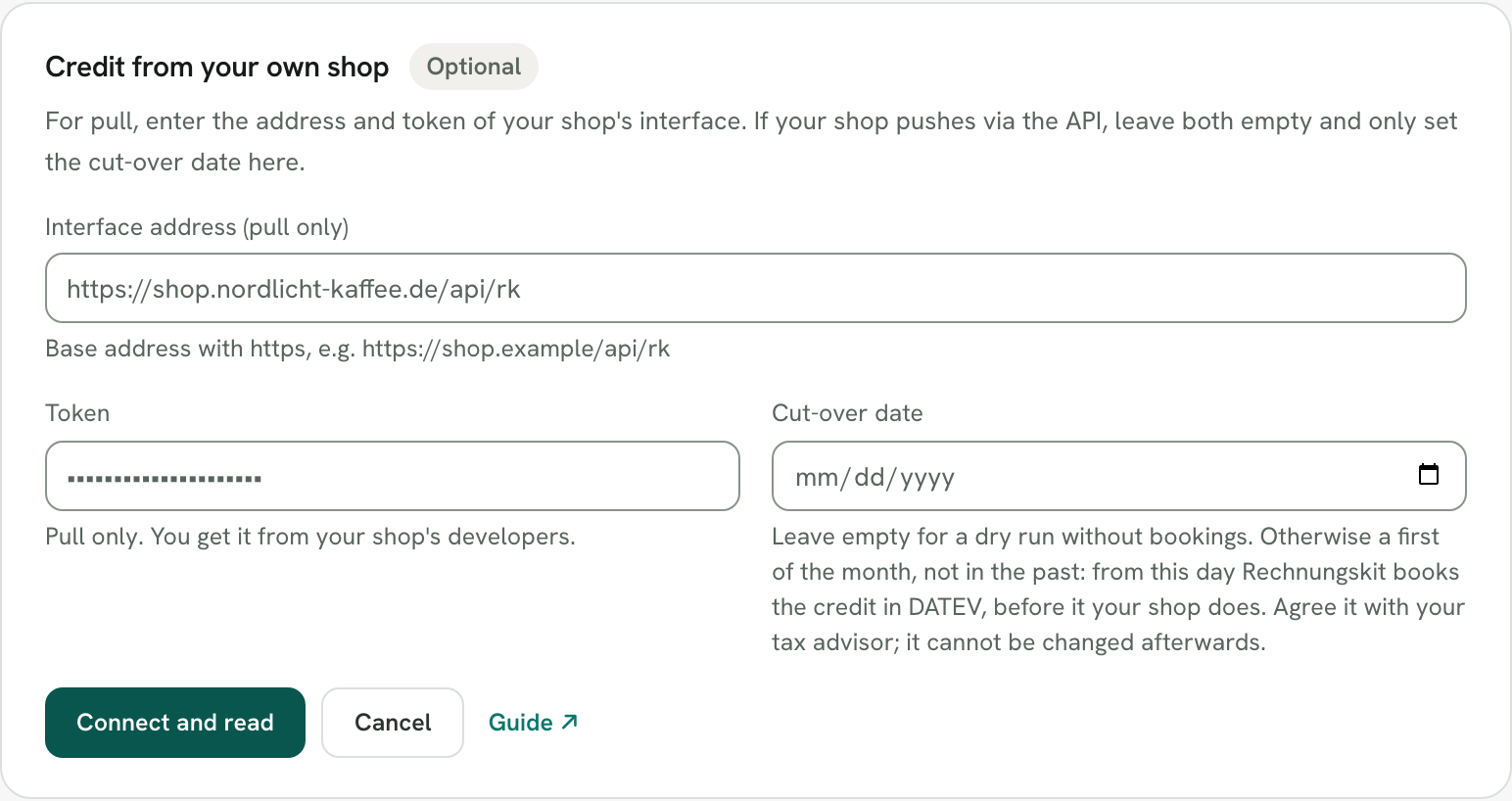 Rechnungskit, Vouchers page, section "Credit from your own shop": interface address, token and the empty field cut-over date, below it the button "Connect and read"