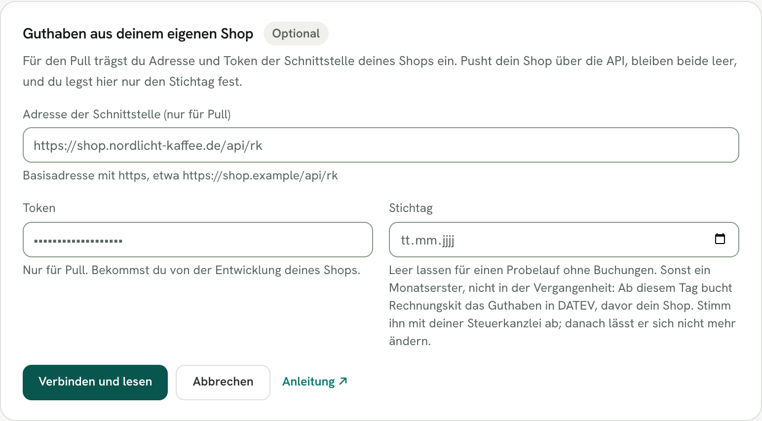 Rechnungskit, Seite Gutscheine, Abschnitt „Guthaben aus deinem eigenen Shop“: Adresse der Schnittstelle, Token und das leere Feld Stichtag, darunter der Button „Verbinden und lesen“