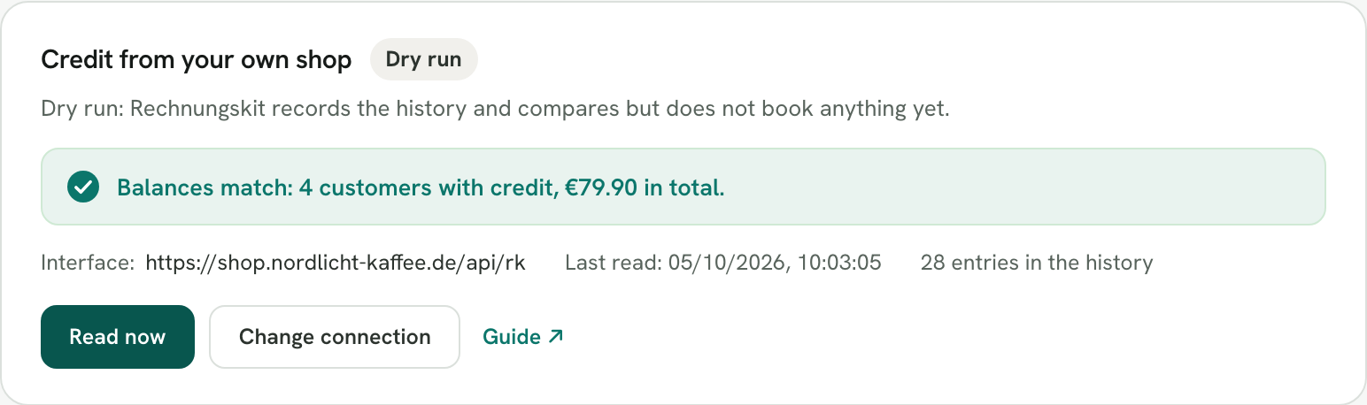 Rechnungskit, section "Credit from your own shop" in the dry run: status dry run, last read, number of records and the green message that the reconciliation matches: 4 customers with credit, €79.90 in total