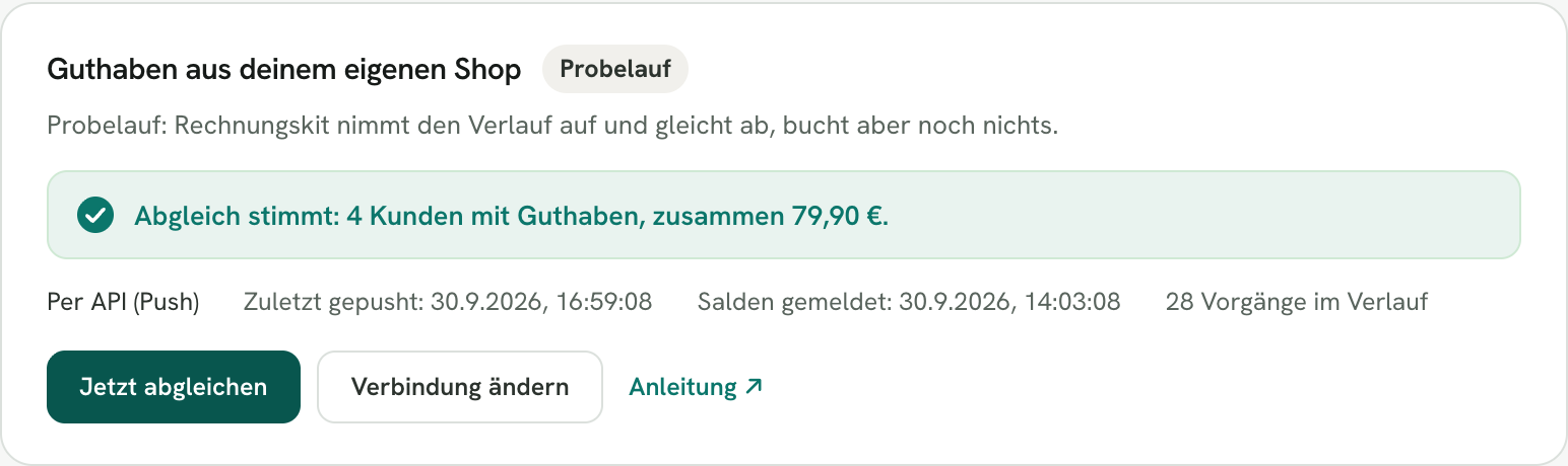 Rechnungskit, Abschnitt „Guthaben aus deinem eigenen Shop“ mit Push über die API: Status Probelauf, zuletzt gepusht, Salden gemeldet, 28 Vorgänge und die grüne Meldung „Abgleich stimmt: 4 Kunden mit Guthaben, zusammen 79,90 €“