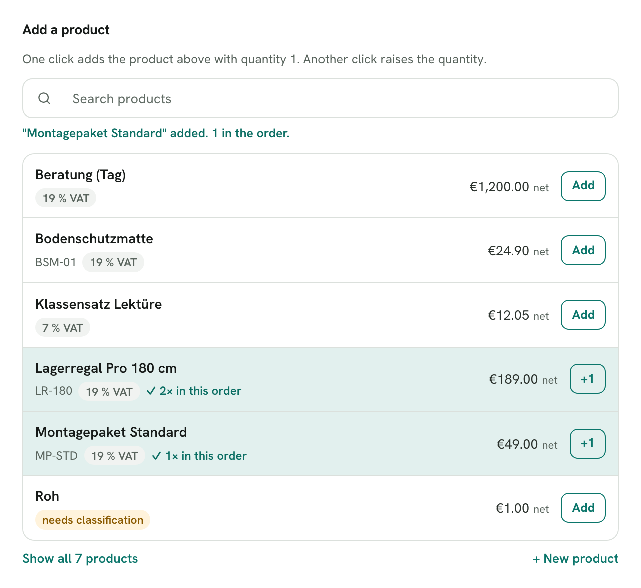 Rechnungskit, Create order, Items step: under "Add a product" is the catalog with search. Two products are marked green and show "2× in this order" and "1× in this order" with the button +1, the others the button Add. One product carries the note "needs classification"