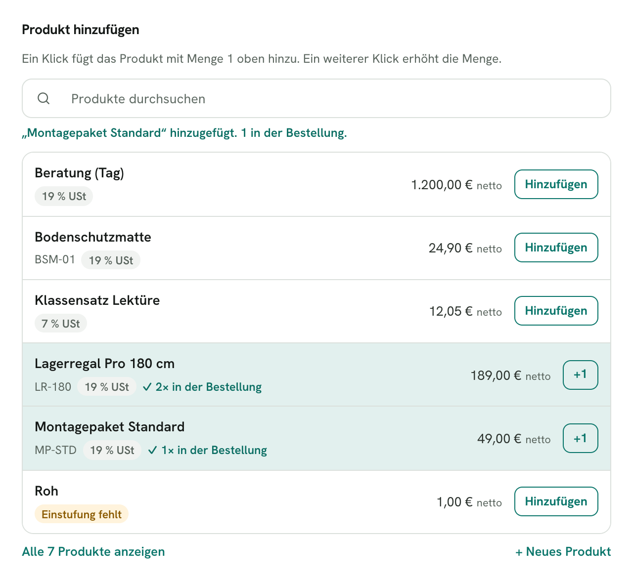 Rechnungskit, Bestellung anlegen, Schritt Positionen: Unter „Produkt hinzufügen“ steht der Katalog mit Suche. Zwei Produkte sind grün markiert und zeigen „2× in der Bestellung“ und „1× in der Bestellung“ mit dem Knopf +1, die übrigen den Knopf Hinzufügen. Ein Produkt trägt den Hinweis „Einstufung fehlt“