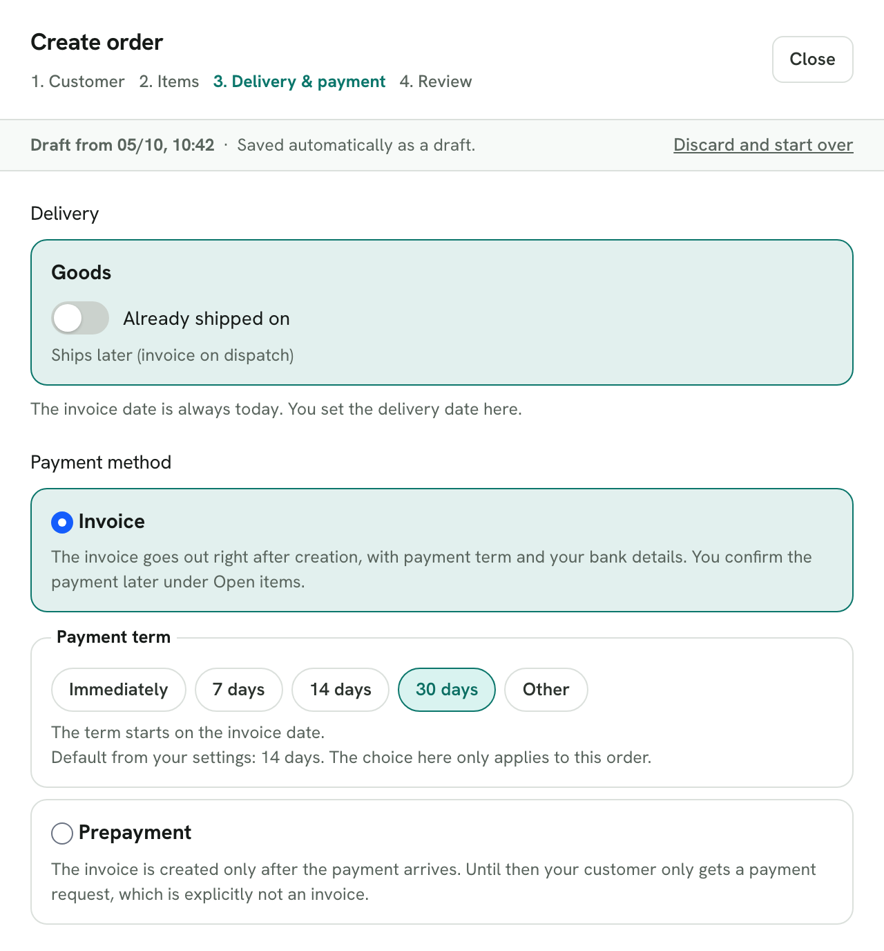 Rechnungskit, Create order, step Delivery & payment: payment method Invoice is selected, below it the field payment term with the options Immediately, 7 days, 14 days, 30 days (selected) and Other. The note names the default from the settings, 14 days