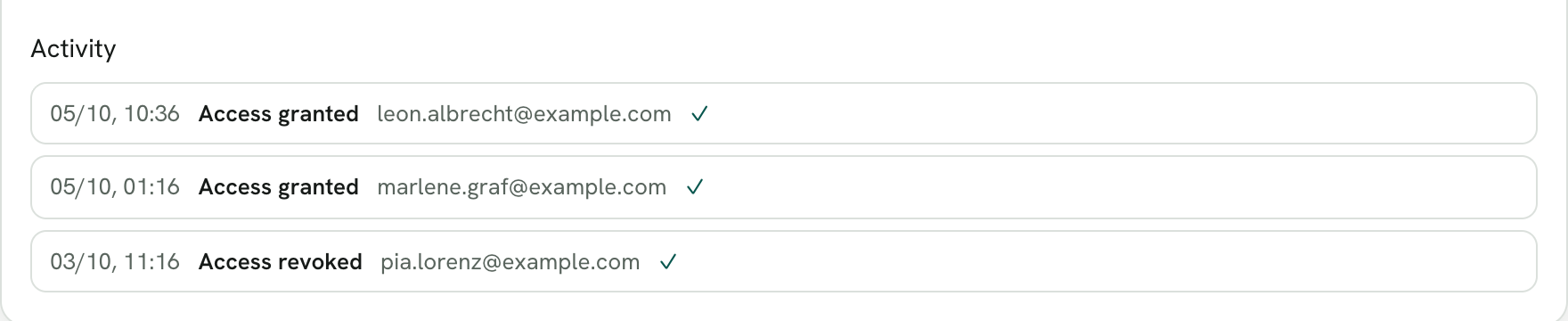 Rechnungskit, activity log of the Memberspot integration: "Access granted" twice and "Access revoked" once, each with date, time, the buyer's email address and a check mark