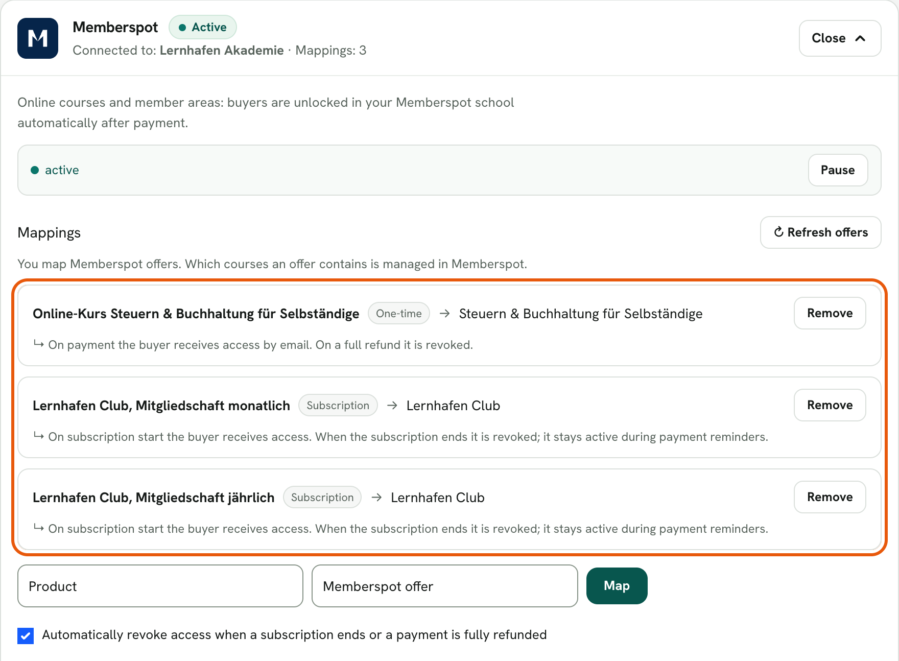 Rechnungskit, the Memberspot card under Integrations: status Active, connected to "Lernhafen Akademie". Under Mappings, the one-time purchase "Online-Kurs Steuern & Buchhaltung für Selbständige" (online course on taxes and bookkeeping) is mapped to the offer of the same name, and the subscriptions "Lernhafen Club, Mitgliedschaft monatlich" and "jährlich" (monthly and yearly membership) to the offer "Lernhafen Club". Below each row it says what happens on payment, refund and subscription end, followed by the automatic revocation checkbox