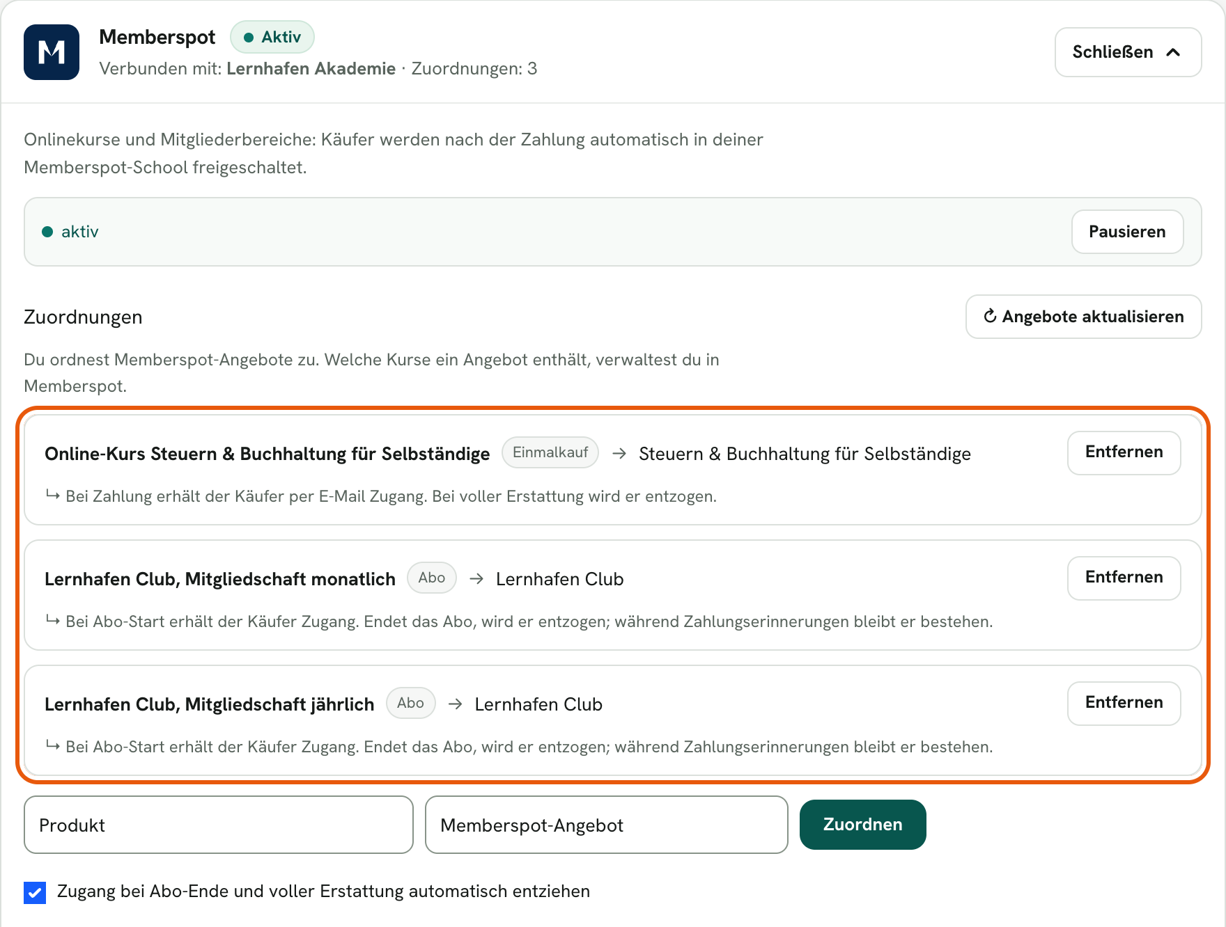 Rechnungskit, Memberspot-Karte unter Integrationen: Status aktiv, verbunden mit „Lernhafen Akademie“. Unter Zuordnungen ist der Einmalkauf „Online-Kurs Steuern & Buchhaltung für Selbständige“ dem gleichnamigen Angebot zugeordnet, die Abos „Lernhafen Club, Mitgliedschaft monatlich“ und „jährlich“ dem Angebot „Lernhafen Club“. Unter jeder Zeile steht, was bei Zahlung, Erstattung und Abo-Ende passiert, darunter der Schalter zum automatischen Entziehen