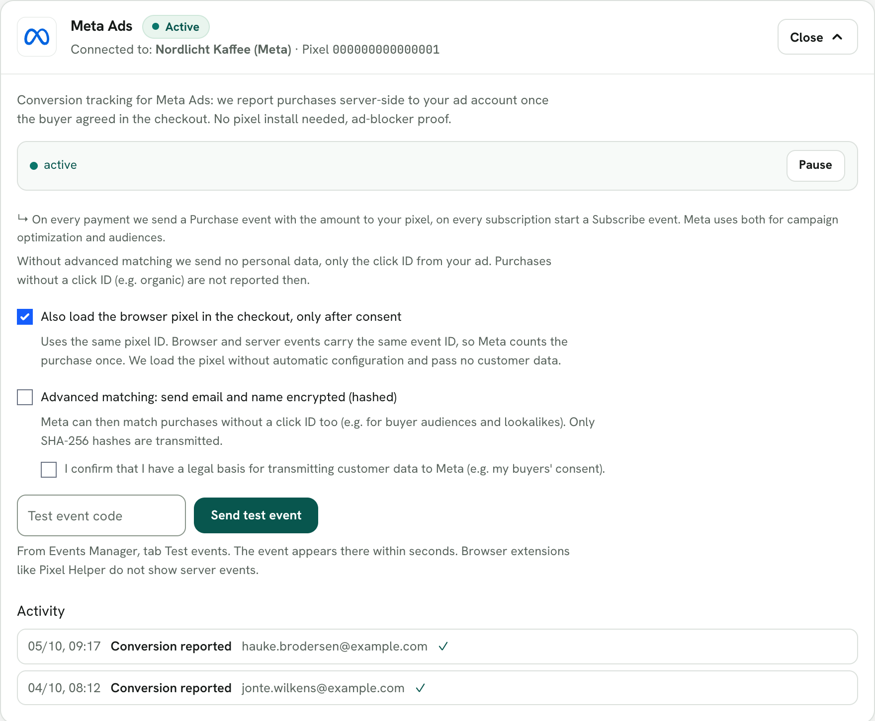 Rechnungskit, the expanded Meta Ads card: status Active, connected to "Nordlicht Kaffee (Meta)" with the pixel ID. Below it the note that purchases are reported server-side once the buyer has consented in the checkout, the toggles for the browser pixel (on) and advanced matching (off) with the confirmation checkbox for the legal basis, the field for the test event code with the button "Send test event" and the activity log with two reported conversions