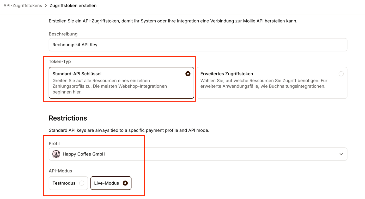 Mollie: Standard-API-Schlüssel erstellen mit Profil und Live-Modus