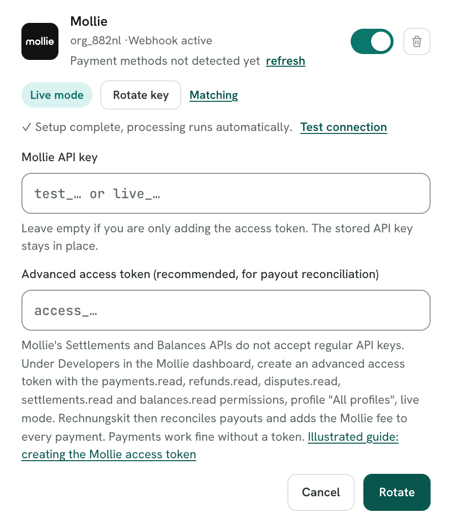 Rechnungskit, Connections → Connect: the connected Mollie card with "Live mode" and "Webhook active". The form is open through "Rotate key", with the field Mollie API key (test_… or live_…), the field Advanced access token (recommended, for payout reconciliation) and the note on the five permissions, profile "All profiles" and live mode