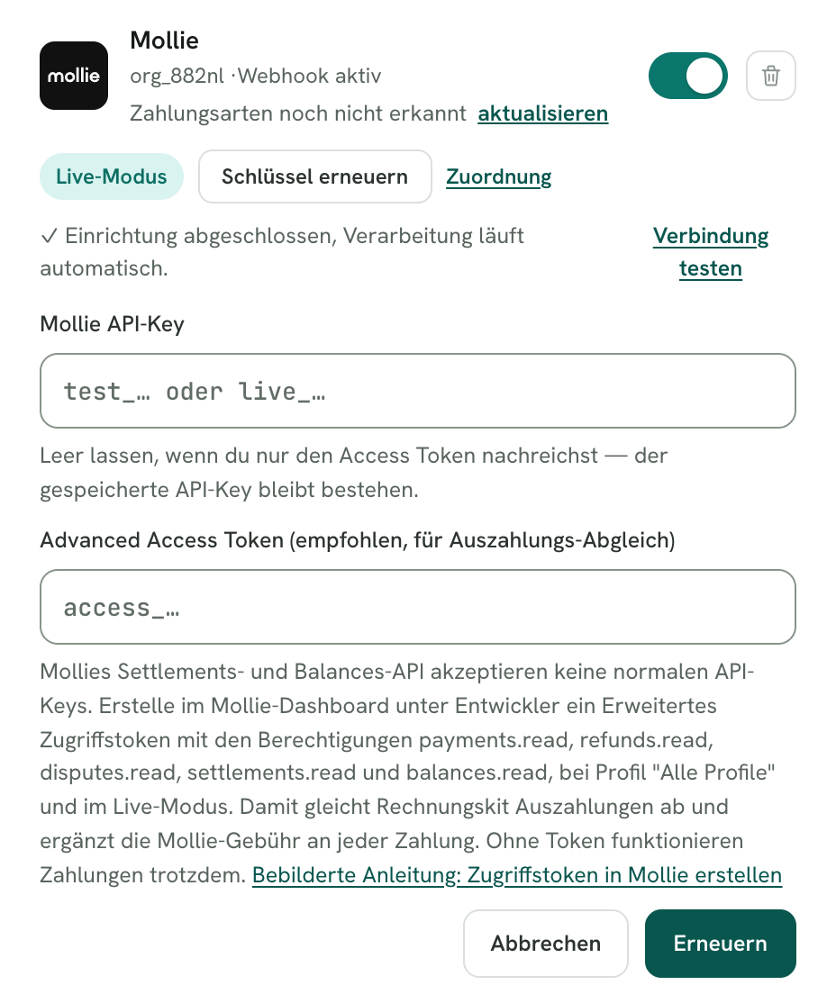 Rechnungskit, Verbindungen → Connect: die verbundene Mollie-Karte mit „Live-Modus“ und „Webhook aktiv“. Über „Schlüssel erneuern“ ist das Formular geöffnet, mit dem Feld Mollie API-Key (test_… oder live_…), dem Feld Advanced Access Token (empfohlen, für Auszahlungs-Abgleich) und dem Hinweis auf die fünf Berechtigungen, Profil „Alle Profile“ und Live-Modus