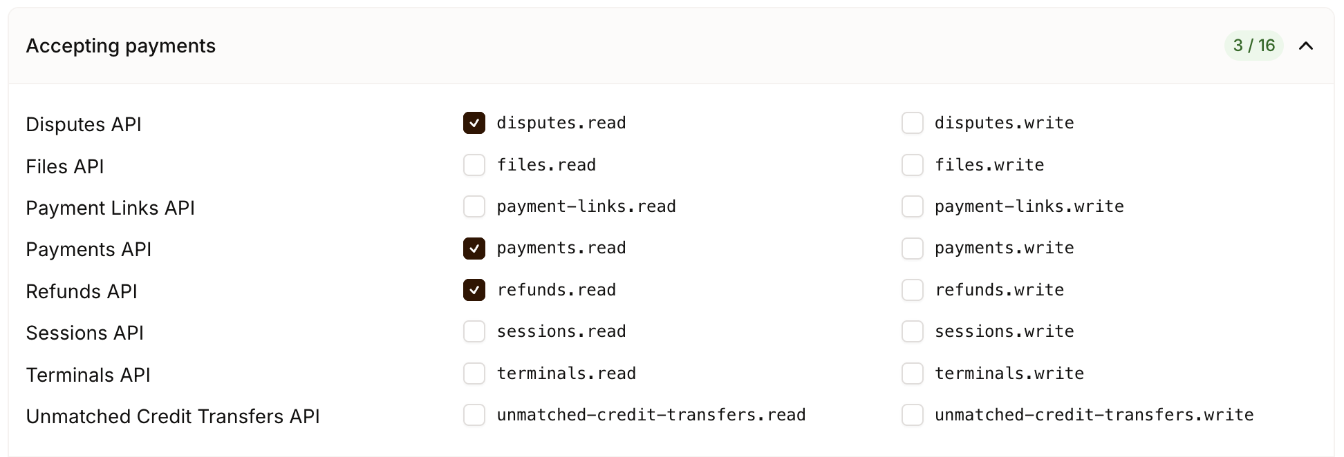 Mollie: Berechtigungen payments.read, refunds.read und disputes.read anhaken