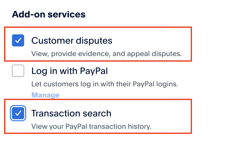 PayPal Add-on services: Customer disputes und Transaction search aktivieren