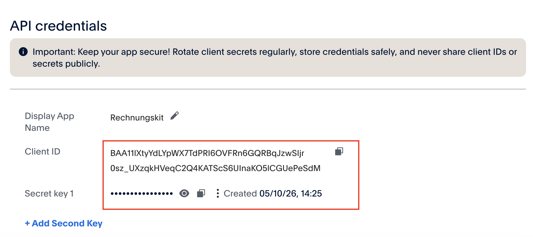 PayPal app Rechnungskit, API credentials section: Client ID and Secret key 1 (hidden, with the eye icon to show it and the copy icon) are marked